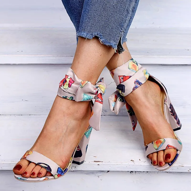 Chicvane Cartoon Print Bowknot High Heel Sandals