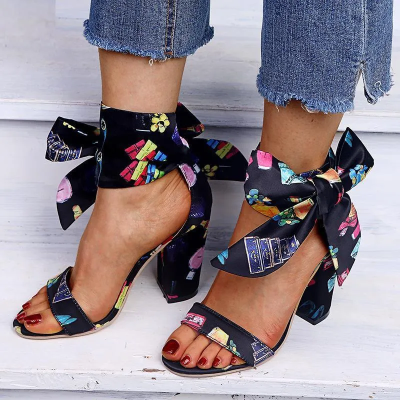 Chicvane Cartoon Print Bowknot High Heel Sandals