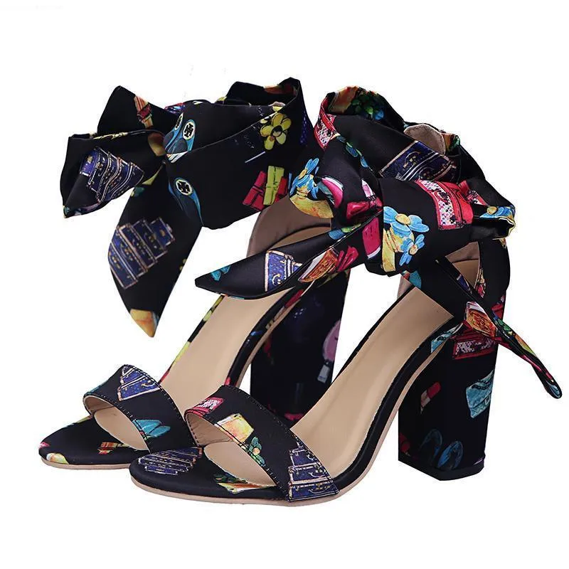 Chicvane Cartoon Print Bowknot High Heel Sandals