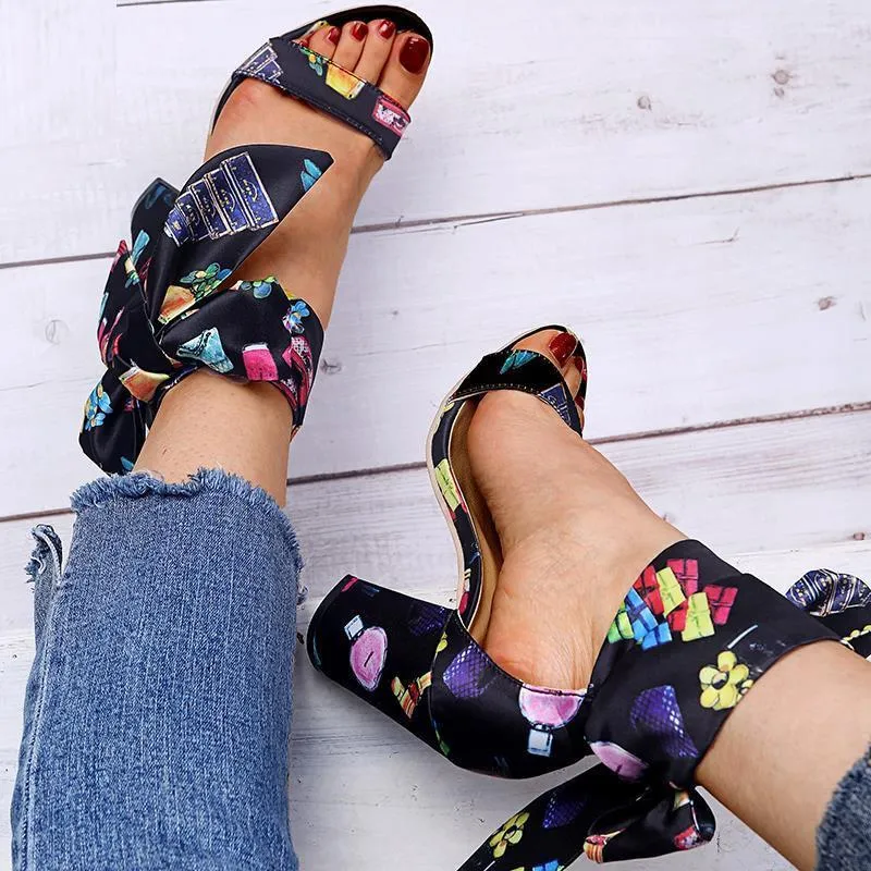 Chicvane Cartoon Print Bowknot High Heel Sandals