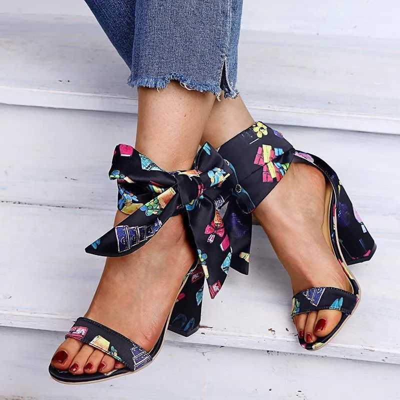 Chicvane Cartoon Print Bowknot High Heel Sandals