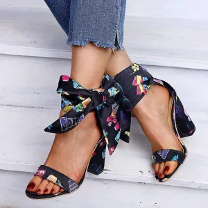 Chicvane Cartoon Print Bowknot High Heel Sandals
