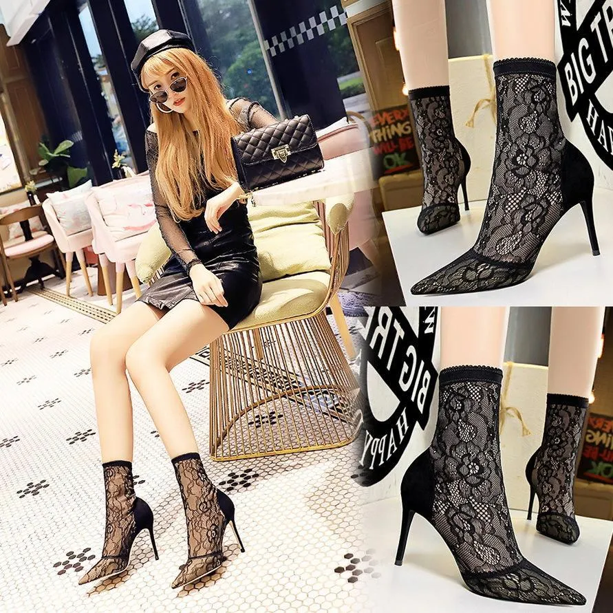 Chicvane Girls Lace Mesh Pointed Toe Stiletto Heel Mid Calf Boots