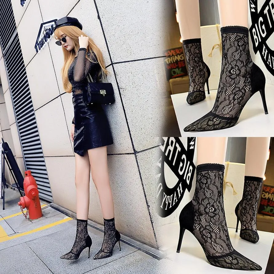 Chicvane Girls Lace Mesh Pointed Toe Stiletto Heel Mid Calf Boots