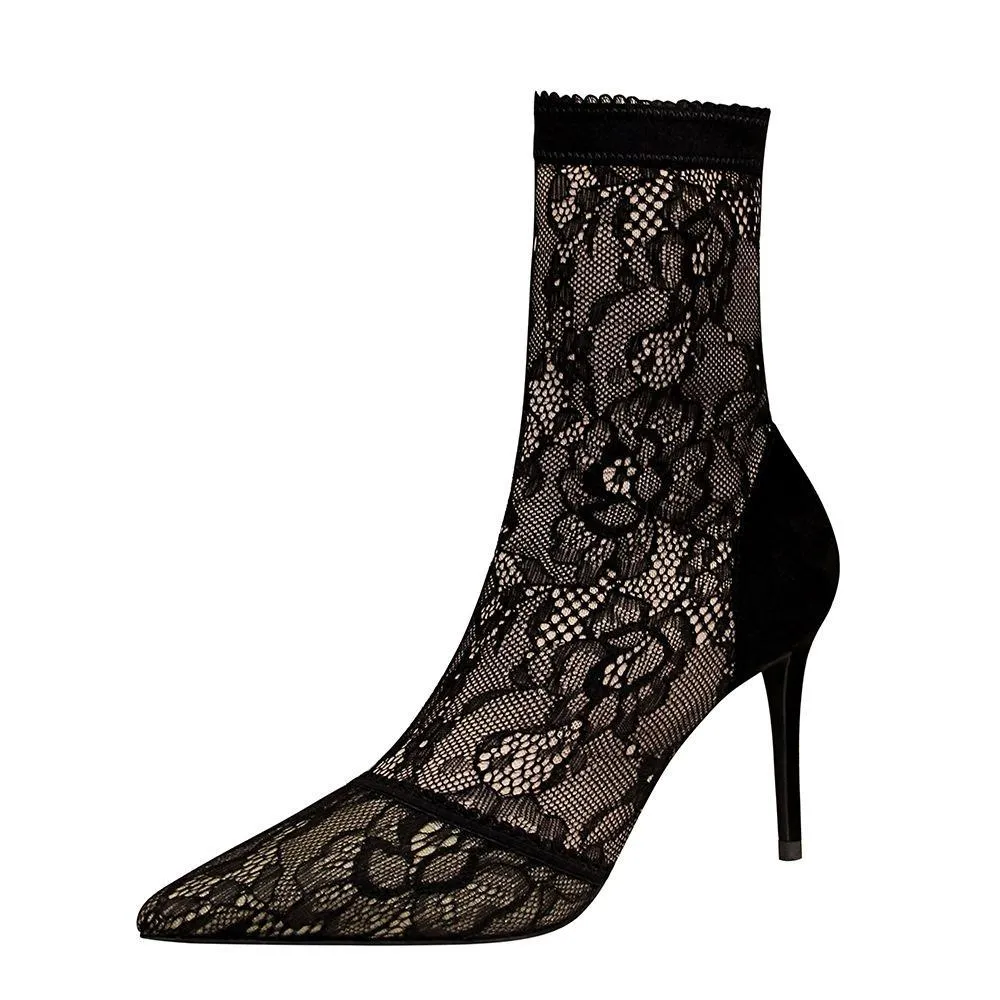 Chicvane Girls Lace Mesh Pointed Toe Stiletto Heel Mid Calf Boots