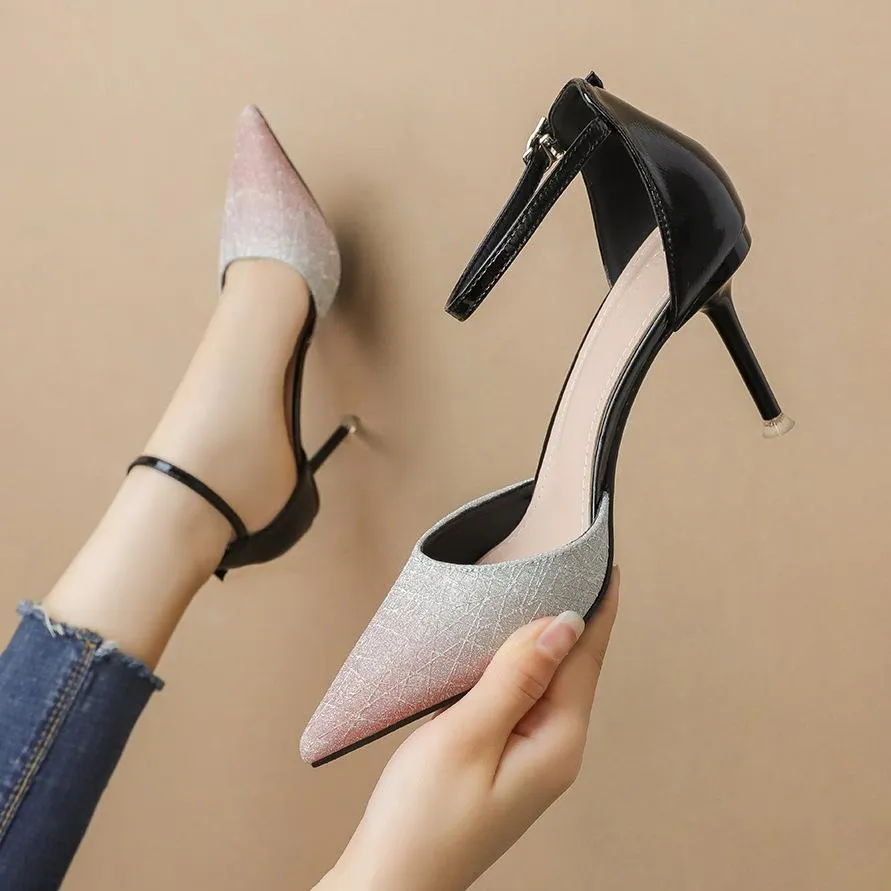 Chicvane Gradient Color Pointed Toe Stiletto Heel Bridal Shoes with Buckle