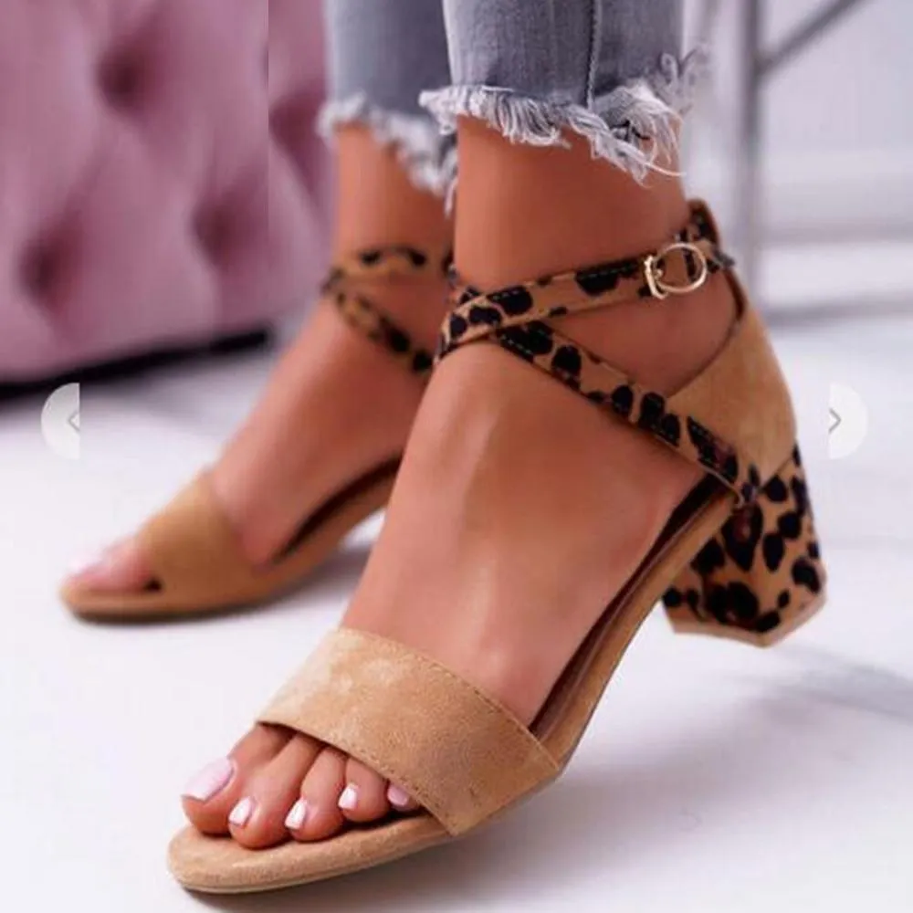 Chicvane Leopard Print Criss Cross Straps Chunky Heel Sandals