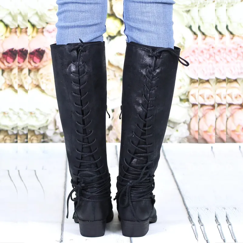 Chicvane New Lace Up Retro British Stylish Zipper Knee High Boots