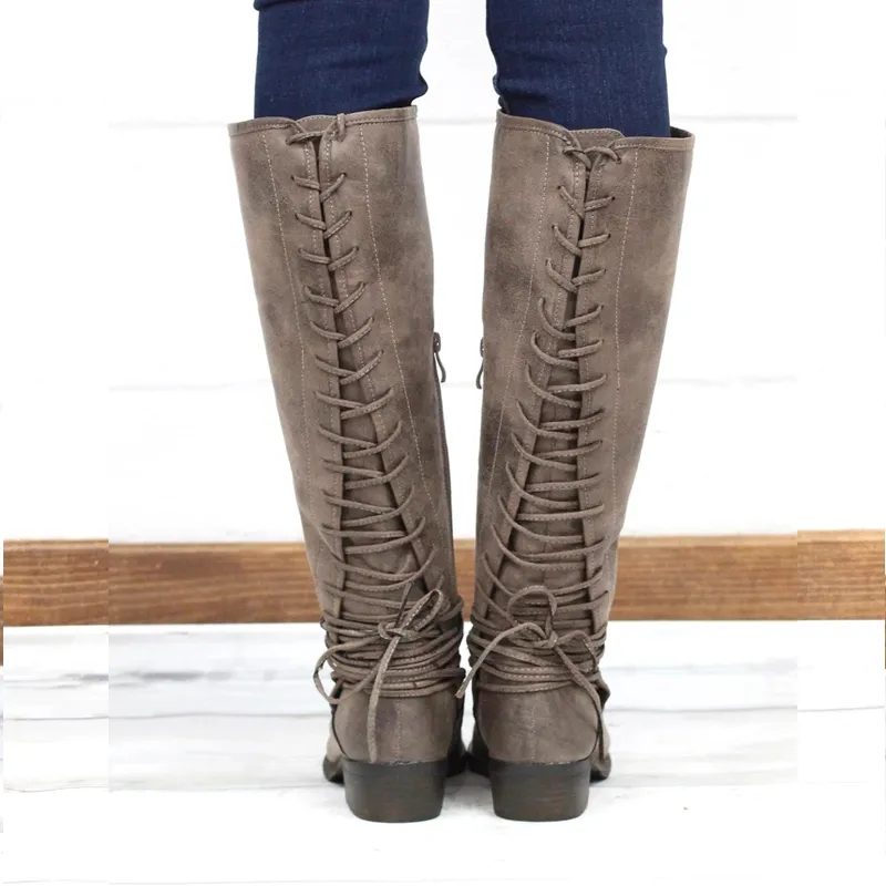 Chicvane New Lace Up Retro British Stylish Zipper Knee High Boots