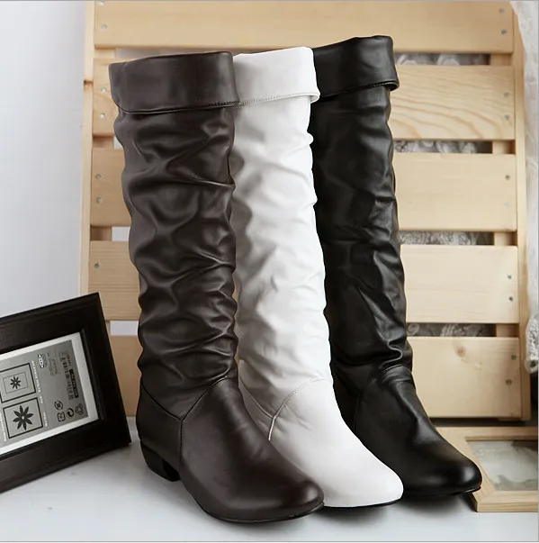 Chicvane New Retro British Stylish Slip-On Crumpled Chunky Heel Knee High Boots