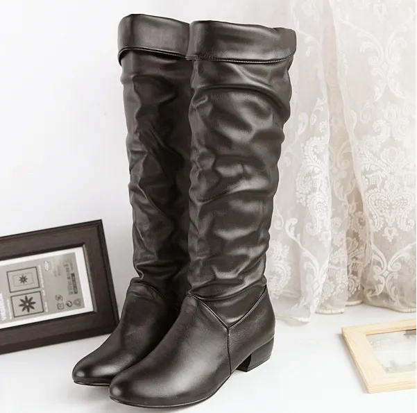 Chicvane New Retro British Stylish Slip-On Crumpled Chunky Heel Knee High Boots