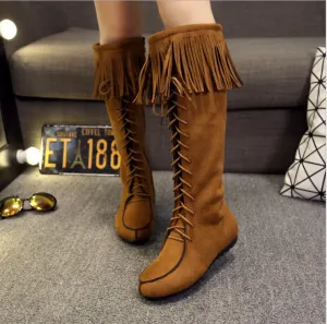 Chicvane New Retro British Stylish Tassel Lace Up Knee High Boots For Women