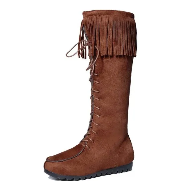 Chicvane New Retro British Stylish Tassel Lace Up Knee High Boots For Women