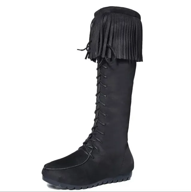 Chicvane New Retro British Stylish Tassel Lace Up Knee High Boots For Women