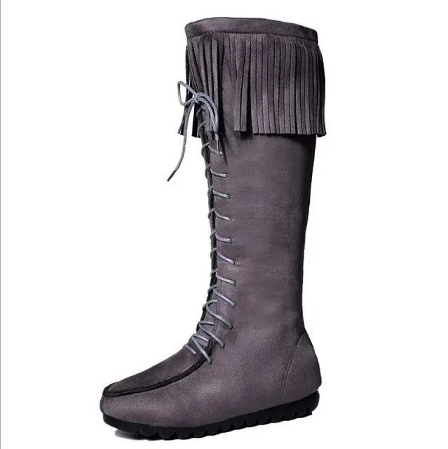 Chicvane New Retro British Stylish Tassel Lace Up Knee High Boots For Women