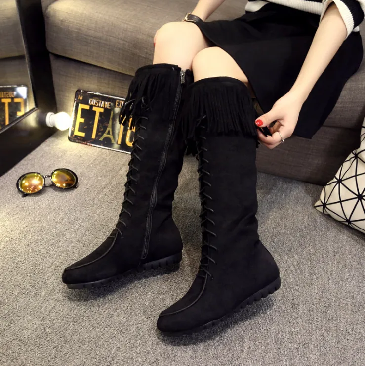 Chicvane New Retro British Stylish Tassel Lace Up Knee High Boots For Women