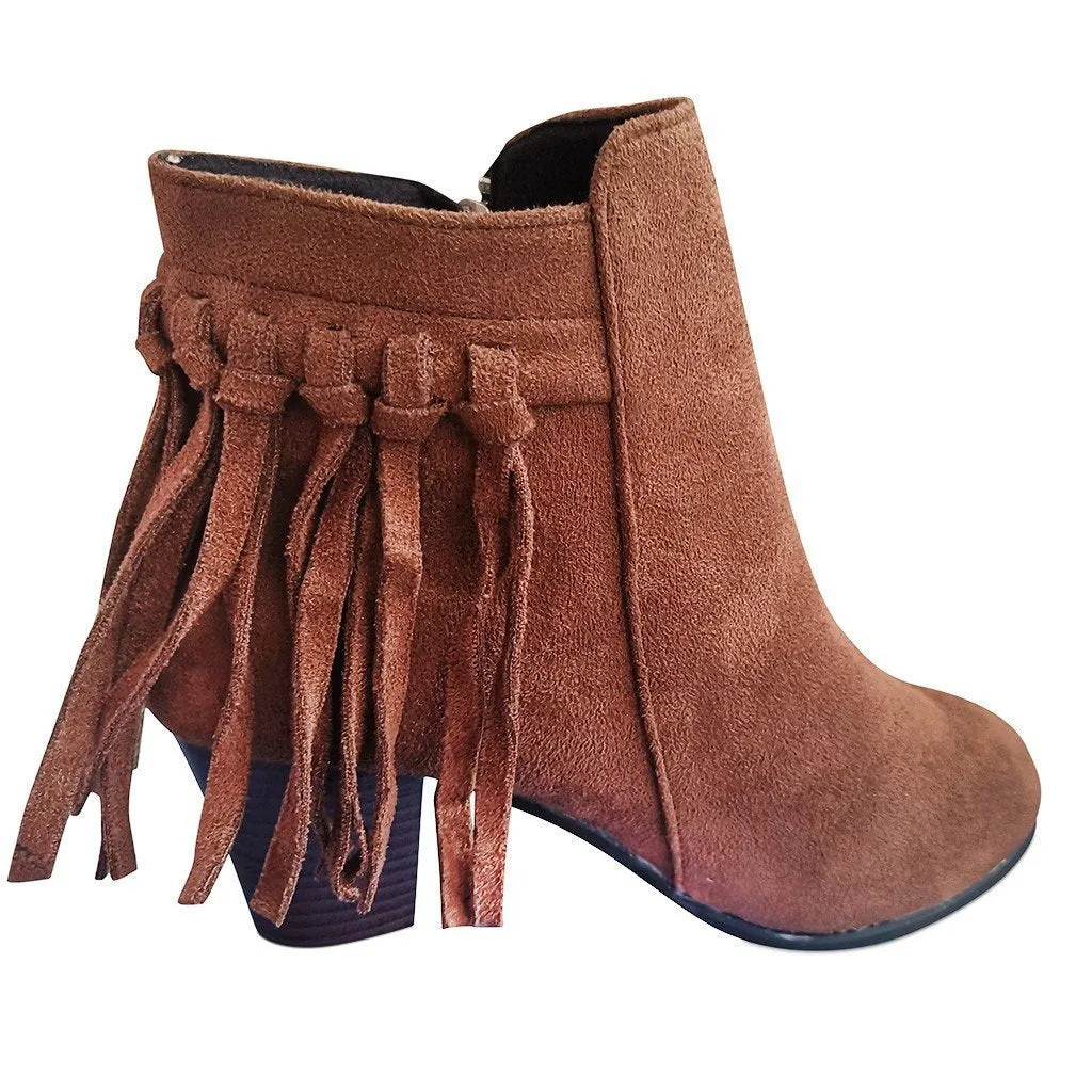 Chicvane New Women's Tassels Chunky Heel Ankle Boots With Side Zipper