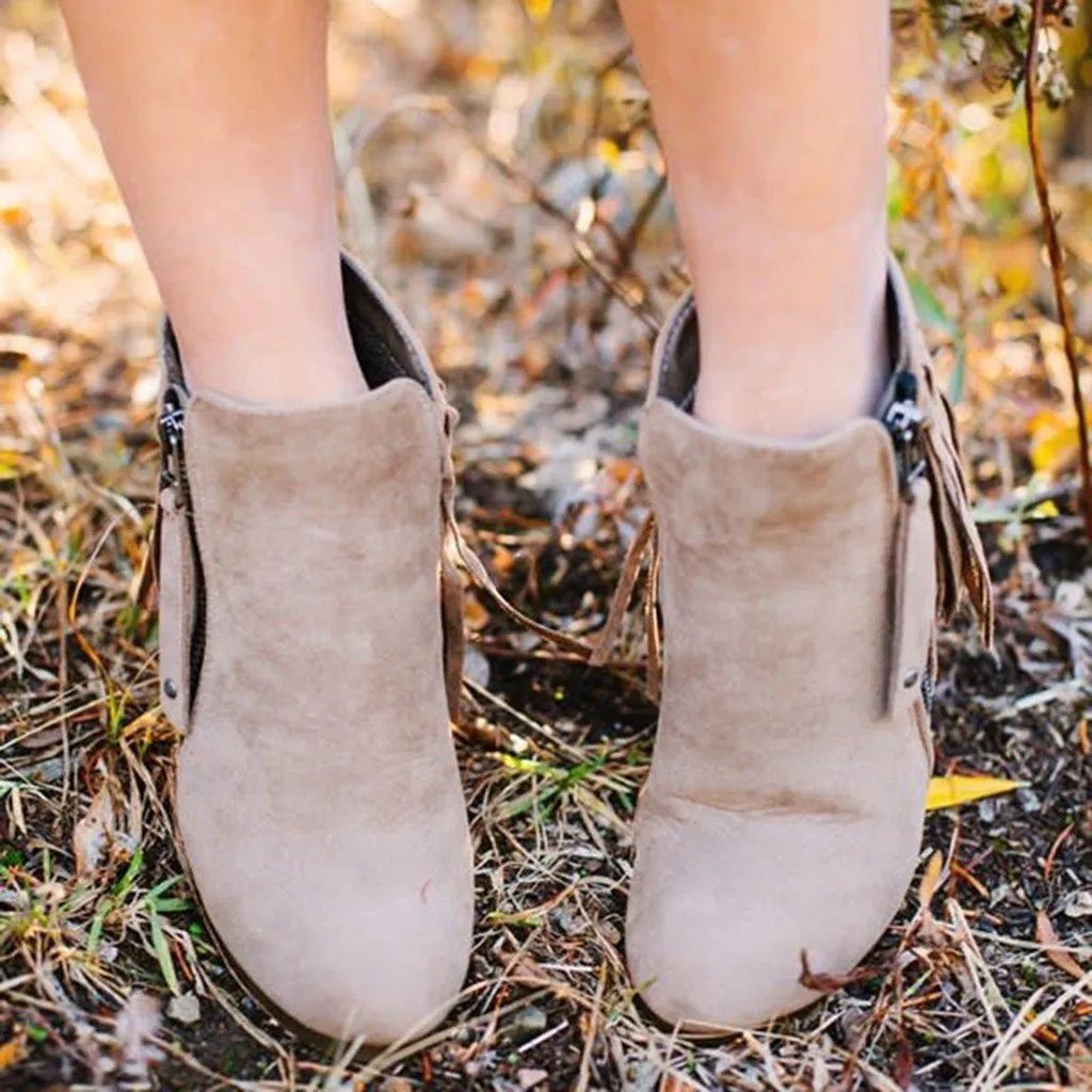 Chicvane New Women's Tassels Chunky Heel Ankle Boots With Side Zipper