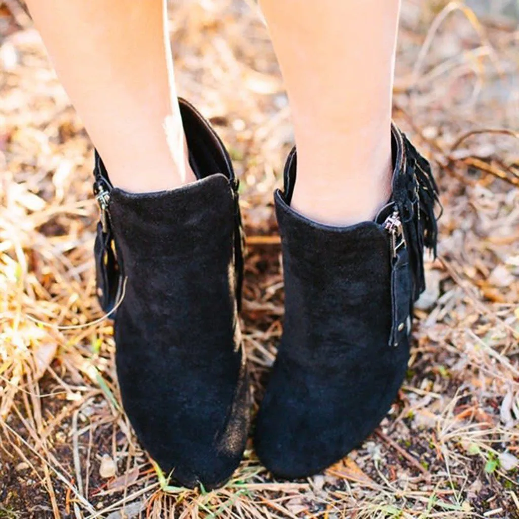 Chicvane New Women's Tassels Chunky Heel Ankle Boots With Side Zipper