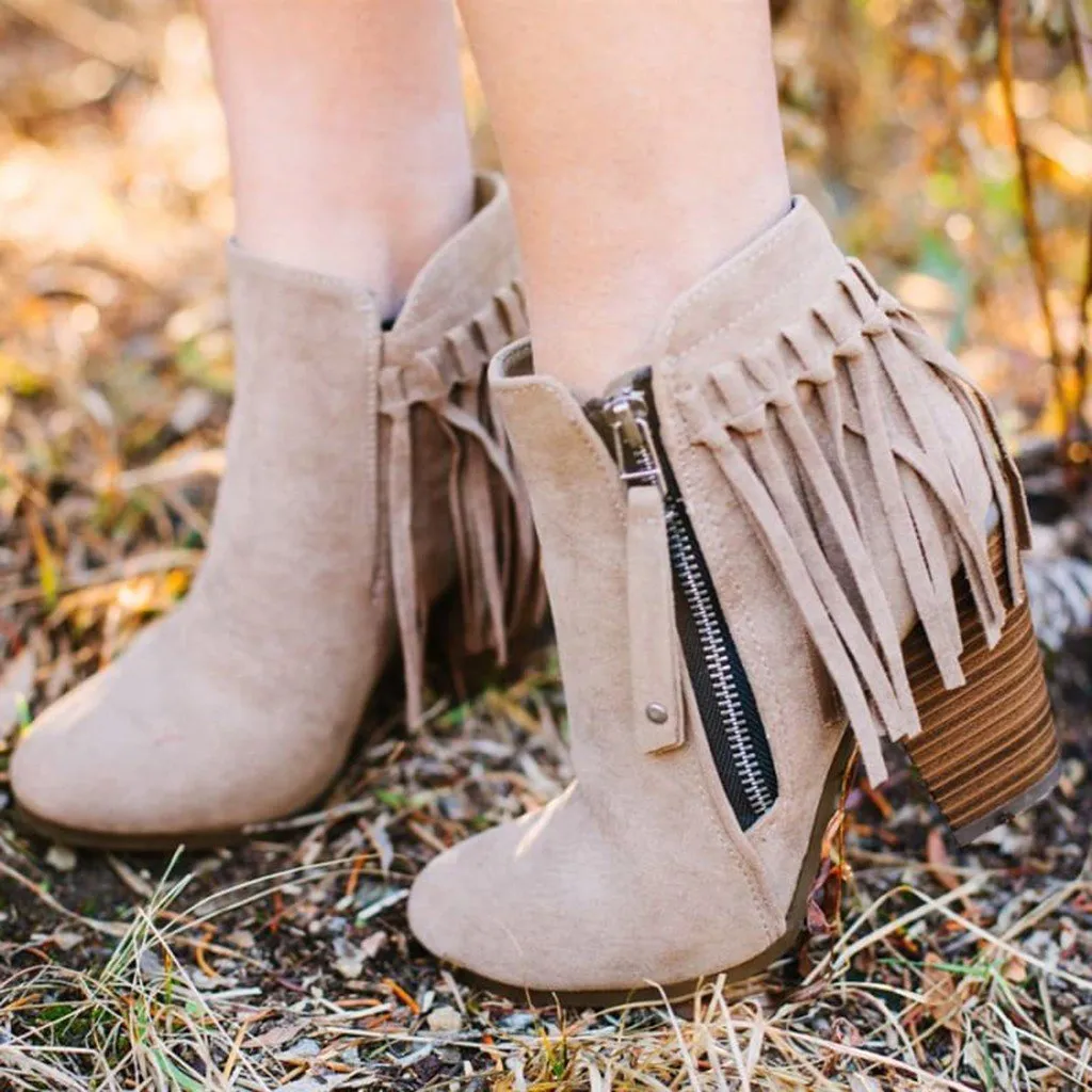 Chicvane New Women's Tassels Chunky Heel Ankle Boots With Side Zipper