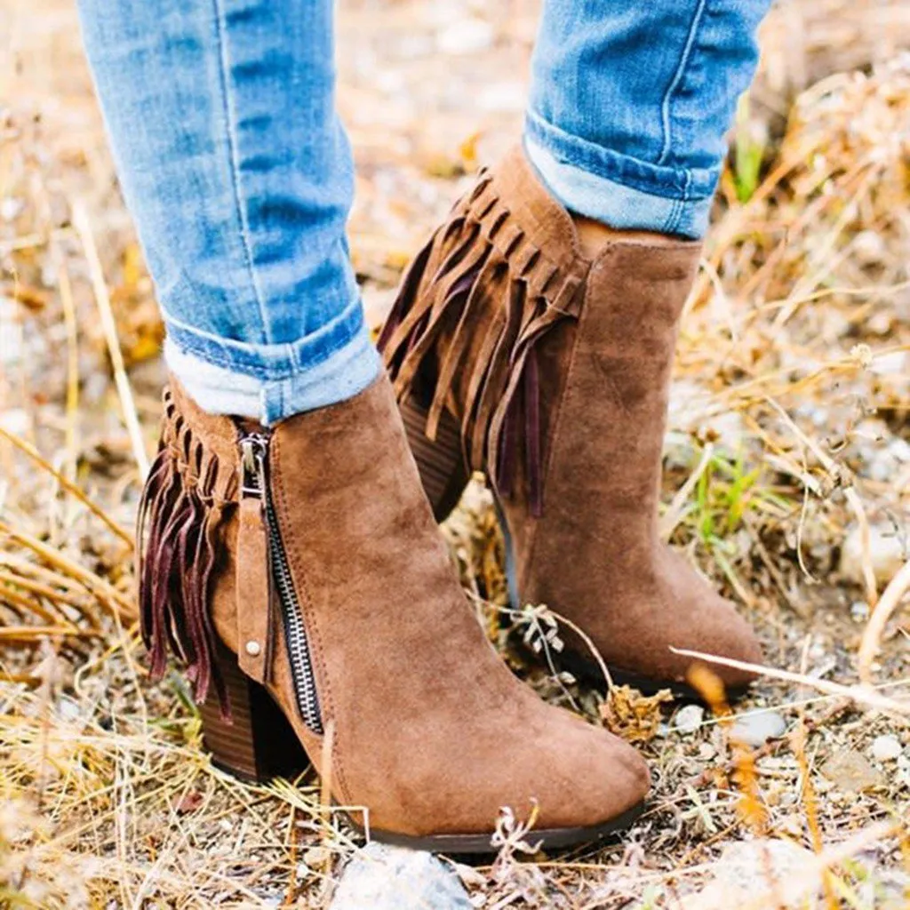 Chicvane New Women's Tassels Chunky Heel Ankle Boots With Side Zipper