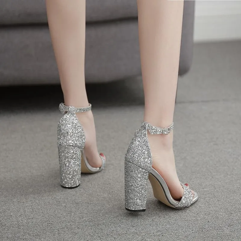 Chicvane Paillette Chunky Heel Ankle Buckle Closure Bridal Sandals