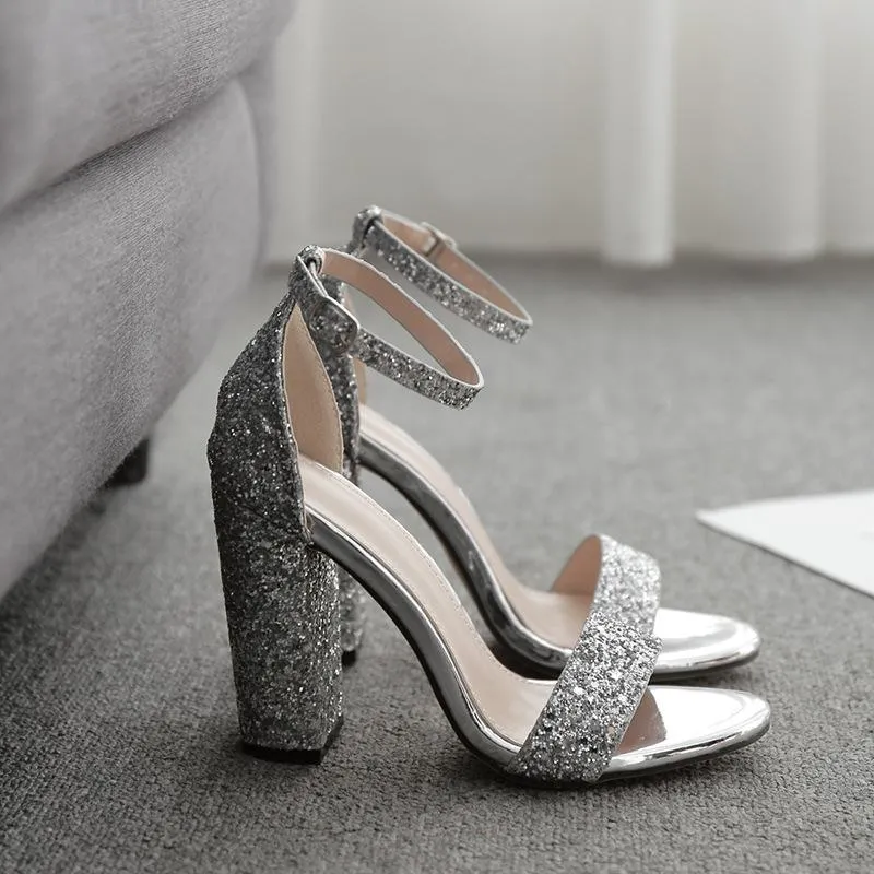 Chicvane Paillette Chunky Heel Ankle Buckle Closure Bridal Sandals