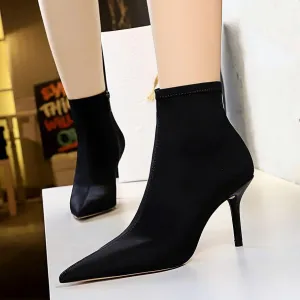 Chicvane Pointed Toe Stiletto Heel Stretch Mid Calf  Boots with Zipper