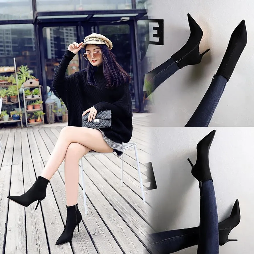 Chicvane Pointed Toe Stiletto Heel Stretch Mid Calf  Boots with Zipper