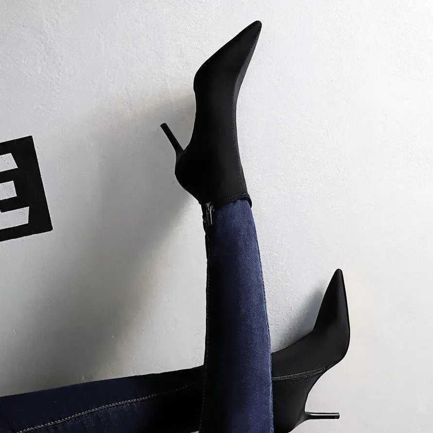 Chicvane Pointed Toe Stiletto Heel Stretch Mid Calf  Boots with Zipper