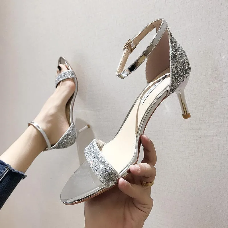 Chicvane Rhinestone Stilettos Sandals With Ankle Buckle