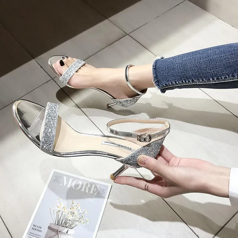 Chicvane Rhinestone Stilettos Sandals With Ankle Buckle