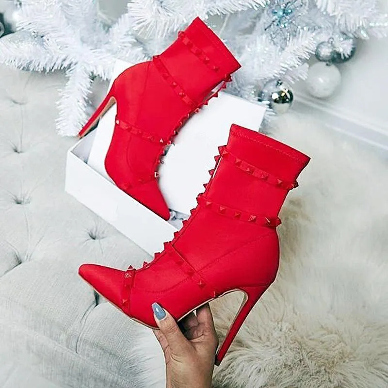 Chicvane Rivet Pointed Toe Stiletto Heel Strap Buckle Mid Calf Boots For Girls