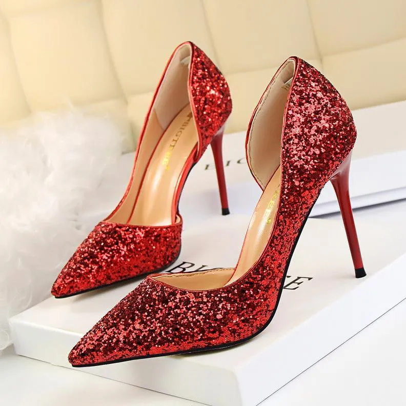 Chicvane Sequined Pointed Toe Stiletto Heel Womens Bridal Shoes