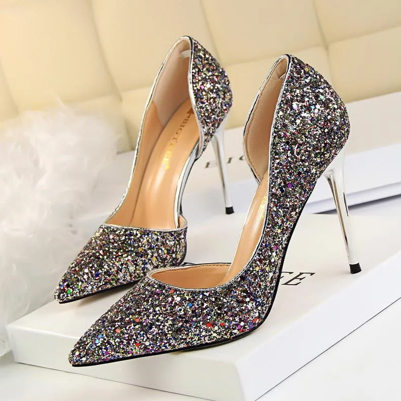 Chicvane Sequined Pointed Toe Stiletto Heel Womens Bridal Shoes