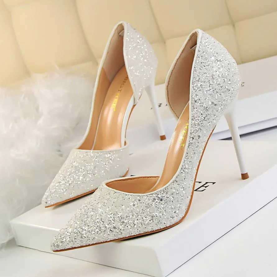 Chicvane Sequined Pointed Toe Stiletto Heel Womens Bridal Shoes