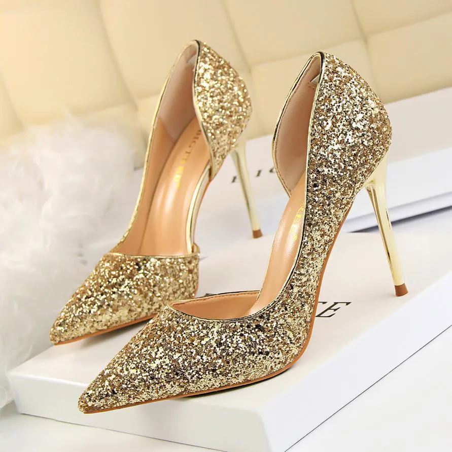 Chicvane Sequined Pointed Toe Stiletto Heel Womens Bridal Shoes