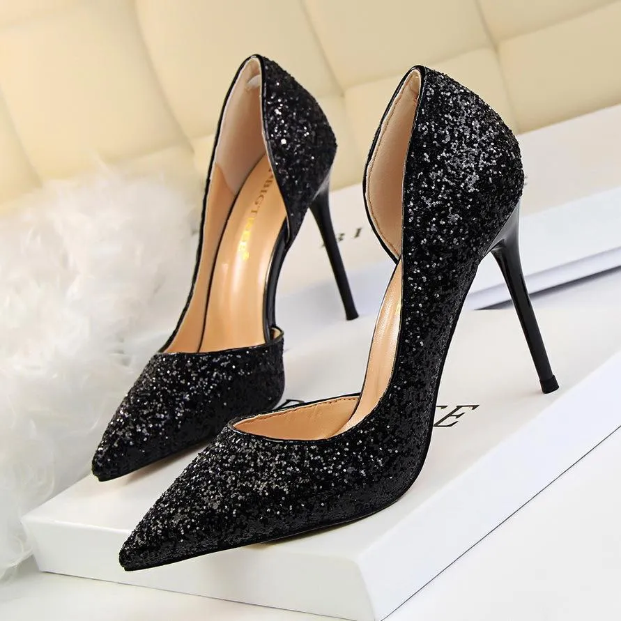 Chicvane Sequined Pointed Toe Stiletto Heel Womens Bridal Shoes
