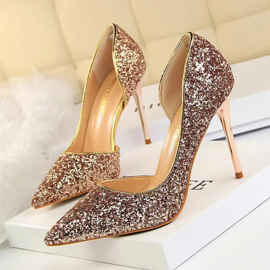 Chicvane Sequined Pointed Toe Stiletto Heel Womens Bridal Shoes