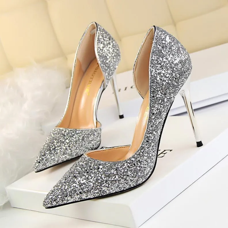 Chicvane Sequined Pointed Toe Stiletto Heel Womens Bridal Shoes