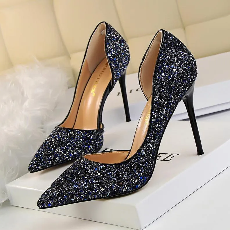 Chicvane Sequined Pointed Toe Stiletto Heel Womens Bridal Shoes