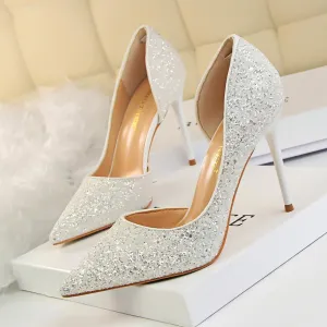 Chicvane Sequined Pointed Toe Stiletto Heel Womens Bridal Shoes