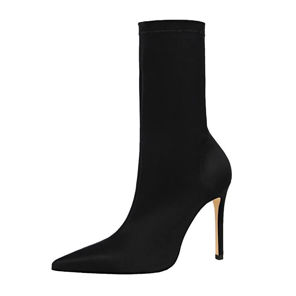 Chicvane Solid Stretch Pointed Toe Stiletto Heel Mid Calf Boots For Women