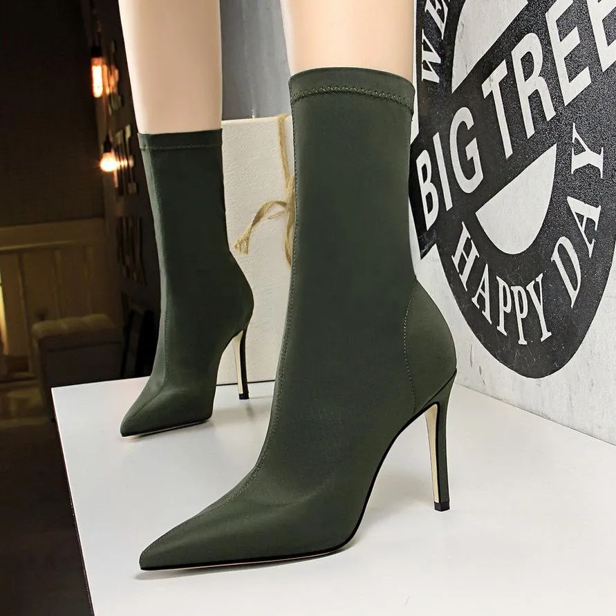 Chicvane Solid Stretch Pointed Toe Stiletto Heel Mid Calf Boots For Women