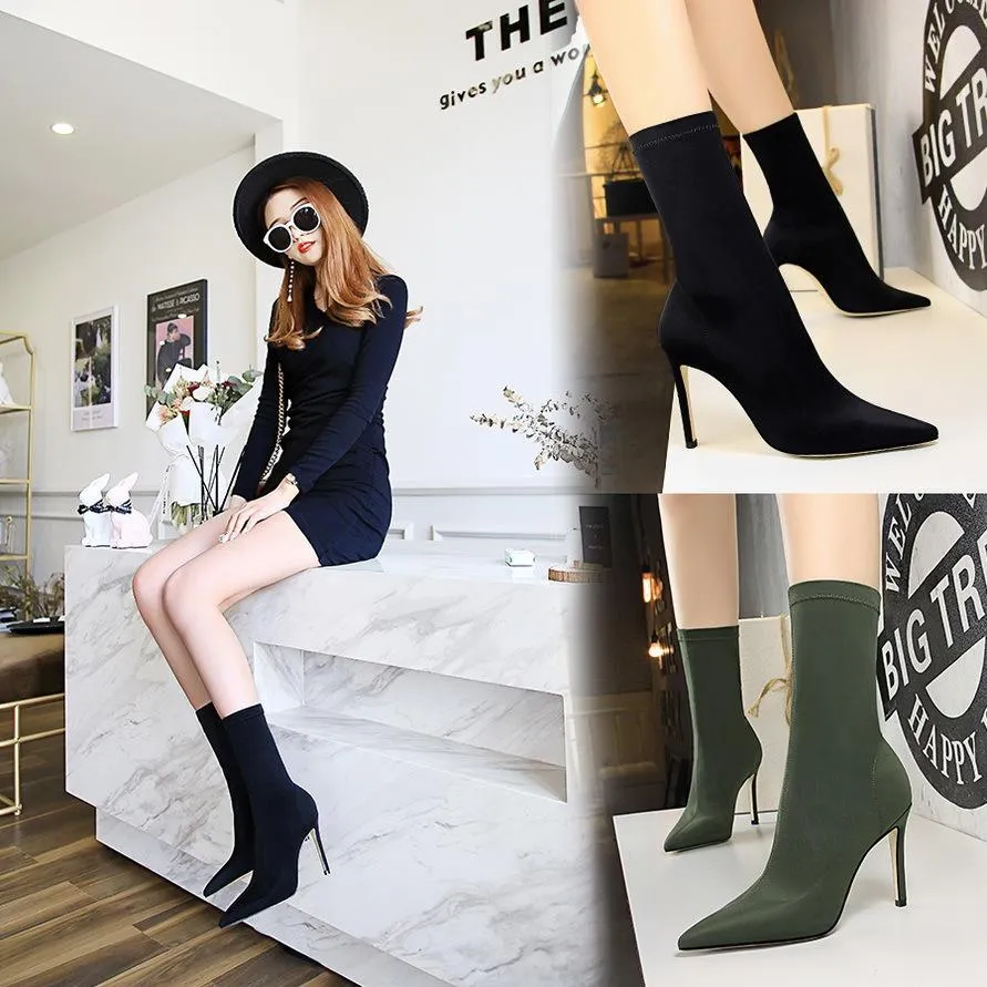 Chicvane Solid Stretch Pointed Toe Stiletto Heel Mid Calf Boots For Women