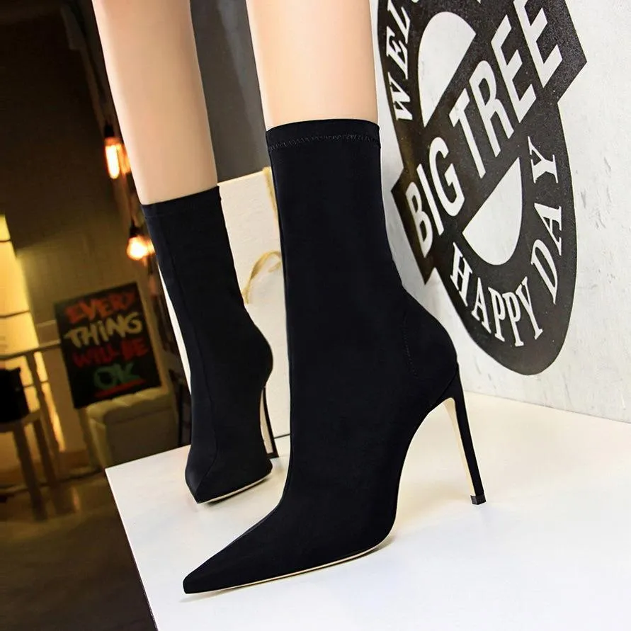 Chicvane Solid Stretch Pointed Toe Stiletto Heel Mid Calf Boots For Women