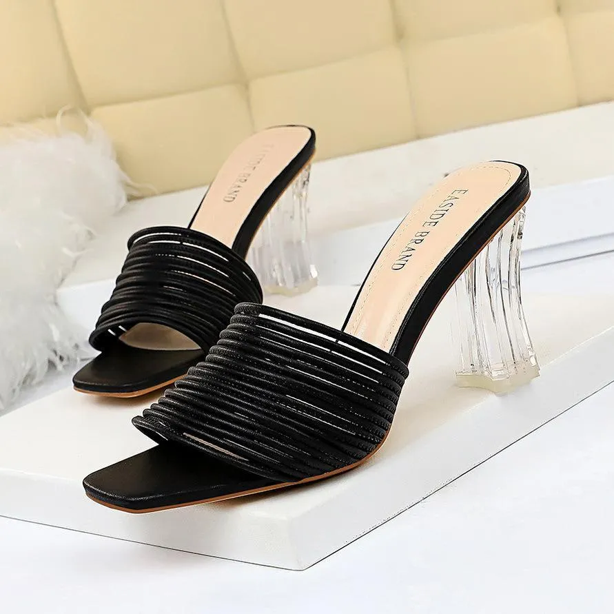 Chicvane Square Toe Transparent Chunky Heel Slides Shoes for Women