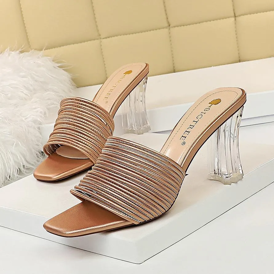 Chicvane Square Toe Transparent Chunky Heel Slides Shoes for Women