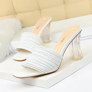 Chicvane Square Toe Transparent Chunky Heel Slides Shoes for Women