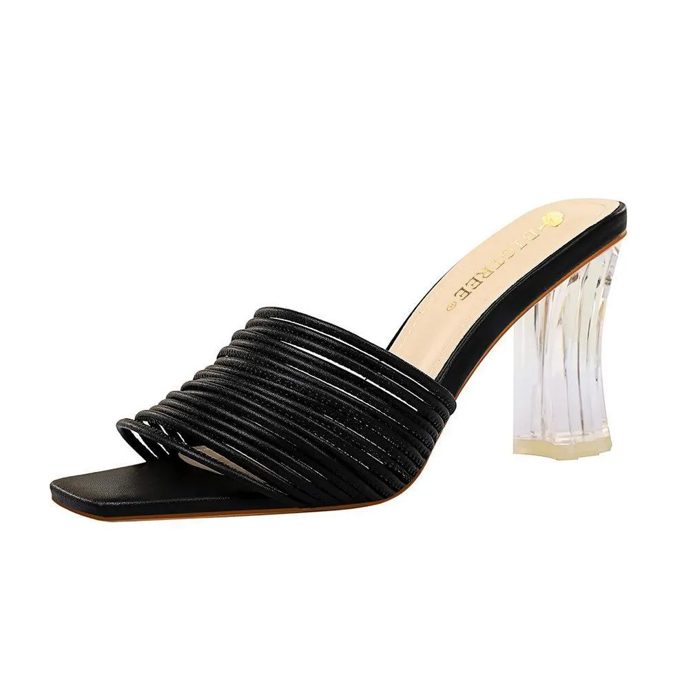 Chicvane Square Toe Transparent Chunky Heel Slides Shoes for Women